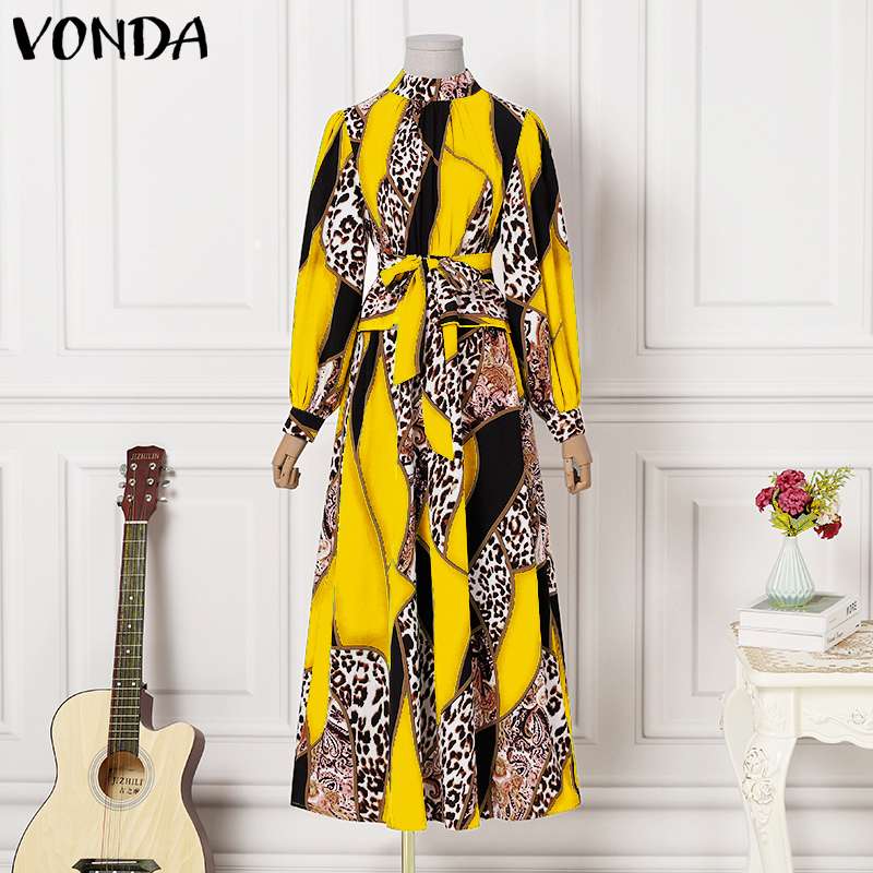 VONDA Women Loose Robes Plus Size, O- Neck, Puff Sleeve, Printed Long Maxi Dress