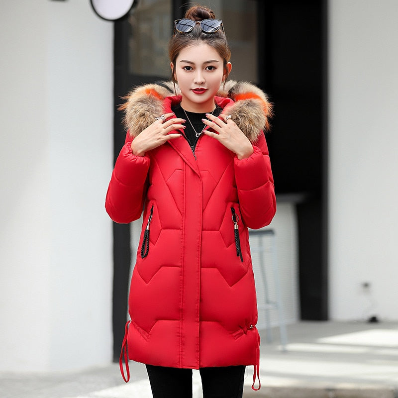 Women Hooded Winter Parkas  Jacket Fur Collar Cotton Wadded Warm Thick Long Coat for Female