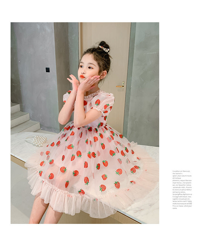 Kids Clothes Girls Summer Dress Puff Sleeve Pink Strawberry Princess Dress