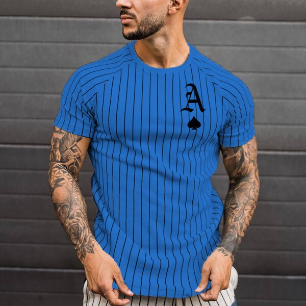 Men's T-shirt Striped Round Neck Shirt Fashion Poker Print Short Sleeve Top for Summer wear