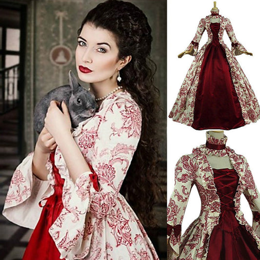 Women Cosplay Marie Antoinette Dress Medieval Flare Sleeve Victorian Gothic Floral Robe Plus Size