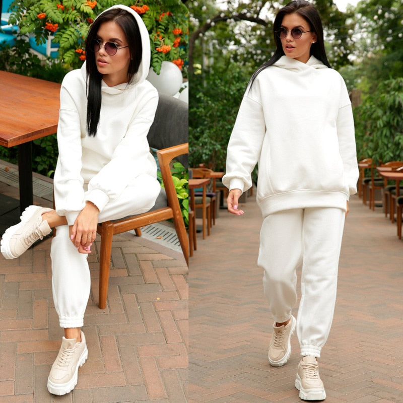 Solid Hoodie and Pants Casual Sport Suit Two Piece Set  Tracksuits for Women