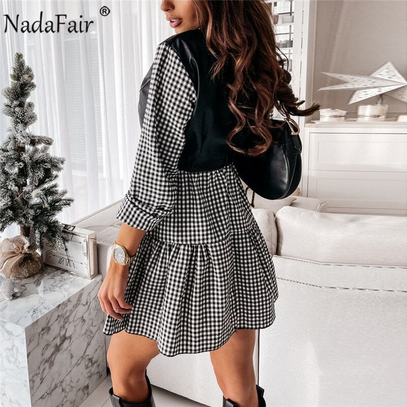 Women's Dress Casual A-Line PU Leather Patchwork Long Sleeve Vestidos Party Elegant Short Mini Dress