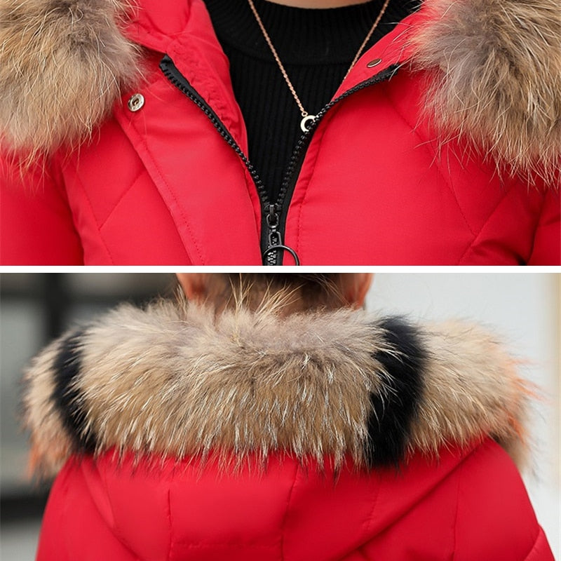 Women Hooded Winter Parkas  Jacket Fur Collar Cotton Wadded Warm Thick Long Coat for Female