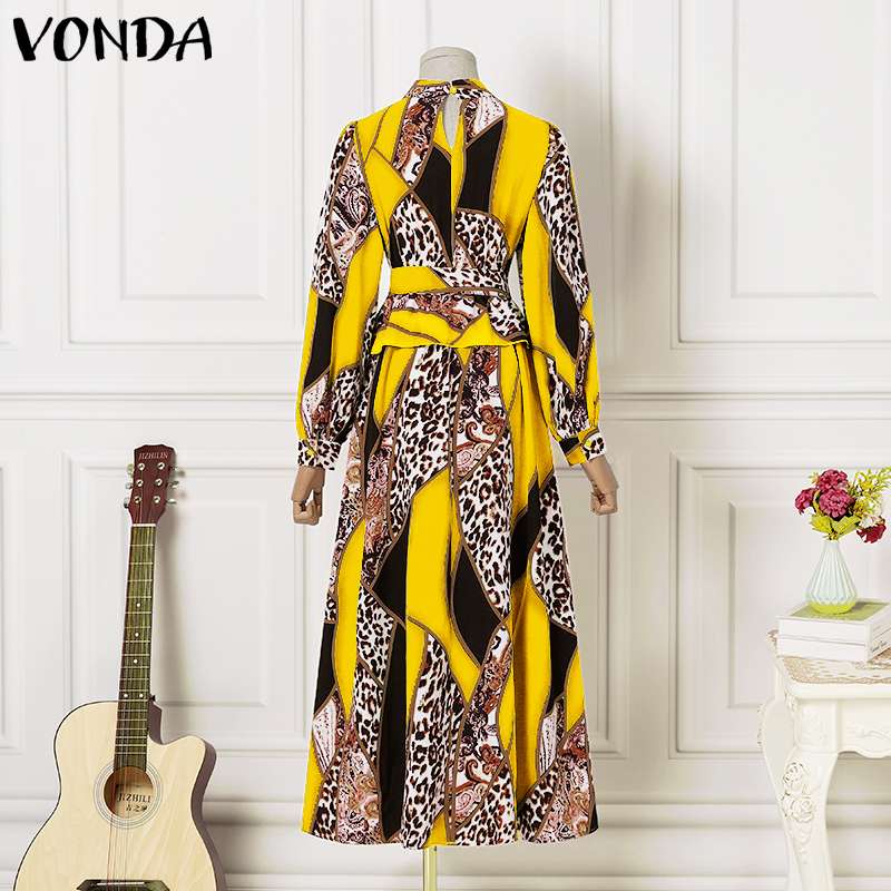 VONDA Women Loose Robes Plus Size, O- Neck, Puff Sleeve, Printed Long Maxi Dress