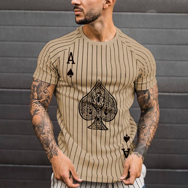 Men's T-shirt Striped Round Neck Shirt Fashion Poker Print Short Sleeve Top for Summer wear