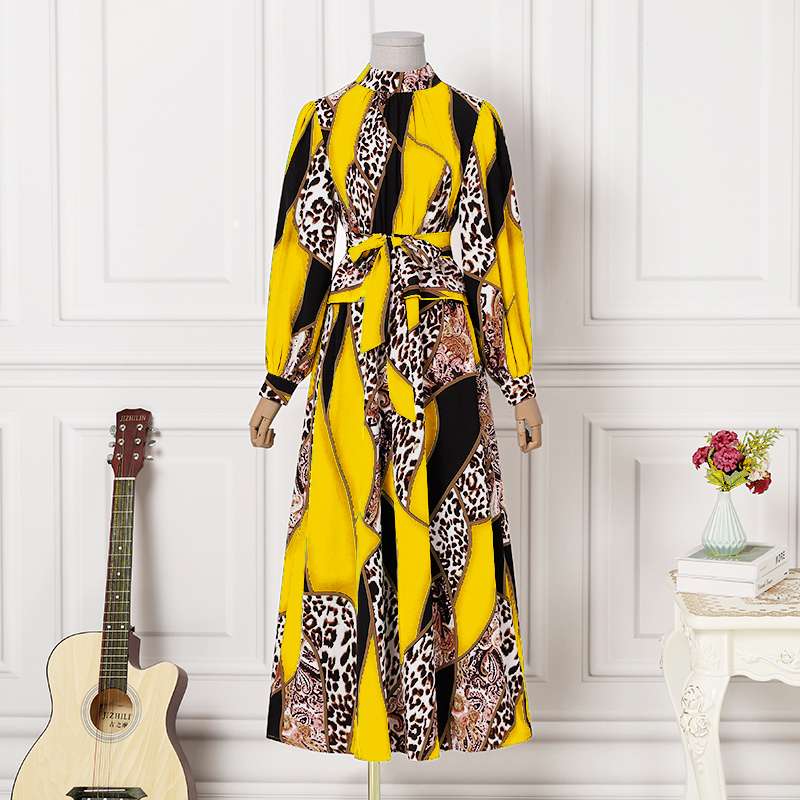 VONDA Women Loose Robes Plus Size, O- Neck, Puff Sleeve, Printed Long Maxi Dress