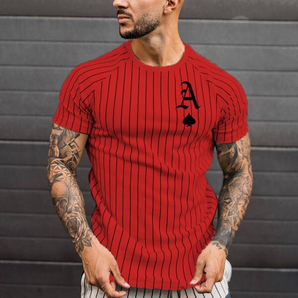 Men's T-shirt Striped Round Neck Shirt Fashion Poker Print Short Sleeve Top for Summer wear