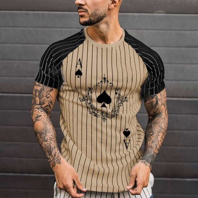 Men's T-shirt Striped Round Neck Shirt Fashion Poker Print Short Sleeve Top for Summer wear