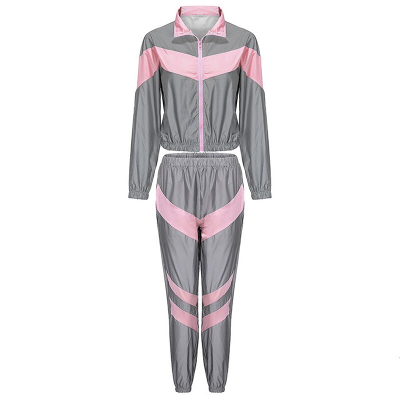 Fashion Reflective Tracksuit Women Zipper Crop Tops + Long Pants 2 Piece Set Female Jacket Trousers