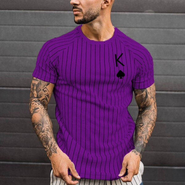 Men's T-shirt Striped Round Neck Shirt Fashion Poker Print Short Sleeve Top for Summer wear