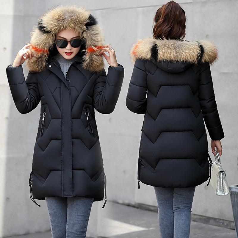 Women Hooded Winter Parkas  Jacket Fur Collar Cotton Wadded Warm Thick Long Coat for Female