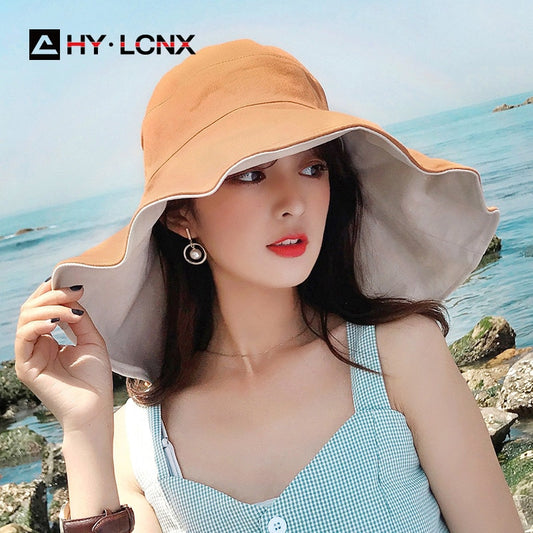 New Summer Women Foldable Cotton Breathable Outdoor Fashion Hat With Big Brim Adjustable Solid Color Sun Bucket Hat