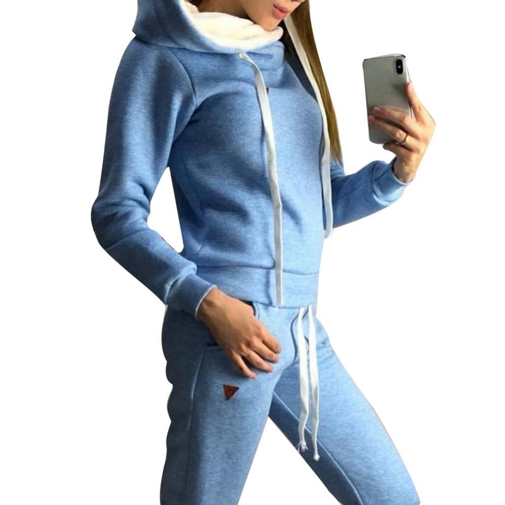 2Pcs Women Jogging Suit Solid Color Tracksuits Fleece Lined Hoodies Pants Set Casual for Women