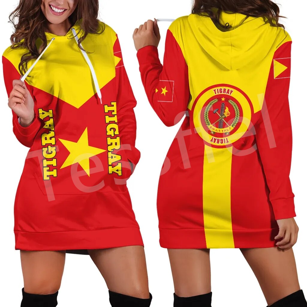 Ethiopia County Tigray Flag Native Tribe  3DPrint Harajuku Long Sleeves Women Hoodie Dress