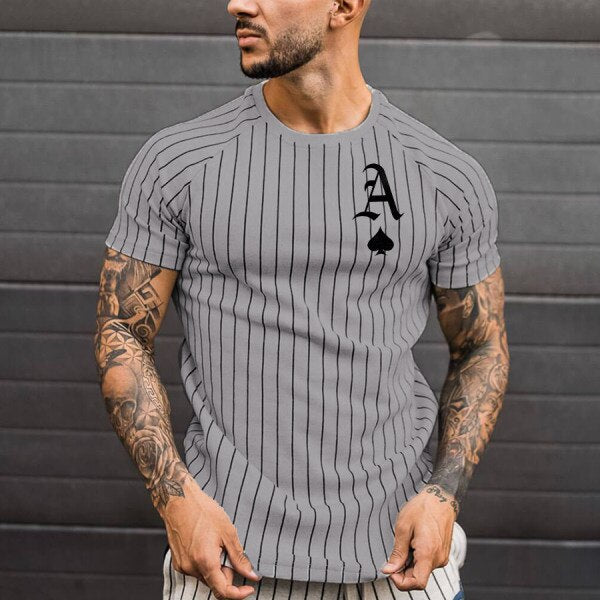 Men's T-shirt Striped Round Neck Shirt Fashion Poker Print Short Sleeve Top for Summer wear