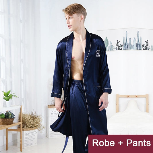 Men's Robe Set Satin Loose Kimono Bathrobe Gown Sexy Long Sleeve Sleepwear Nightgown  Intimate Lingerie