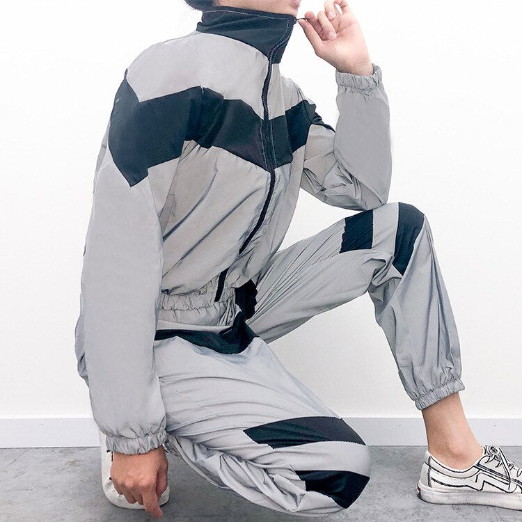 Fashion Reflective Tracksuit Women Zipper Crop Tops + Long Pants 2 Piece Set Female Jacket Trousers