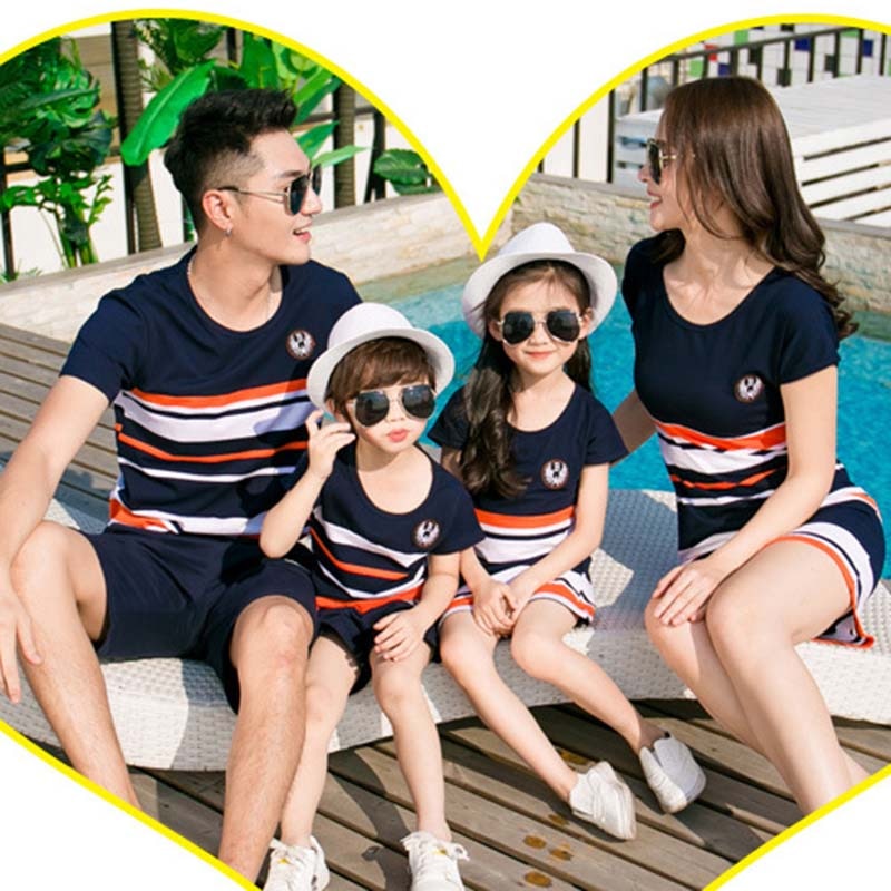 Dad Mom Baby Boys Girls Clothes Summer Father Son Striped T-shirt Shorts Set Mother And Daughter Dresses Family Matching Outfits