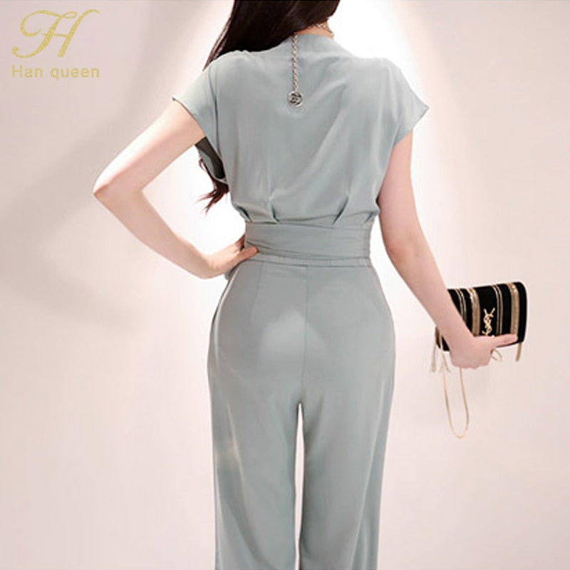 H Han Queen New Two piece Summer Elegant Women Suits; V-neck Lace Up Crop Top; High Waist Solid Color Long Pants Set