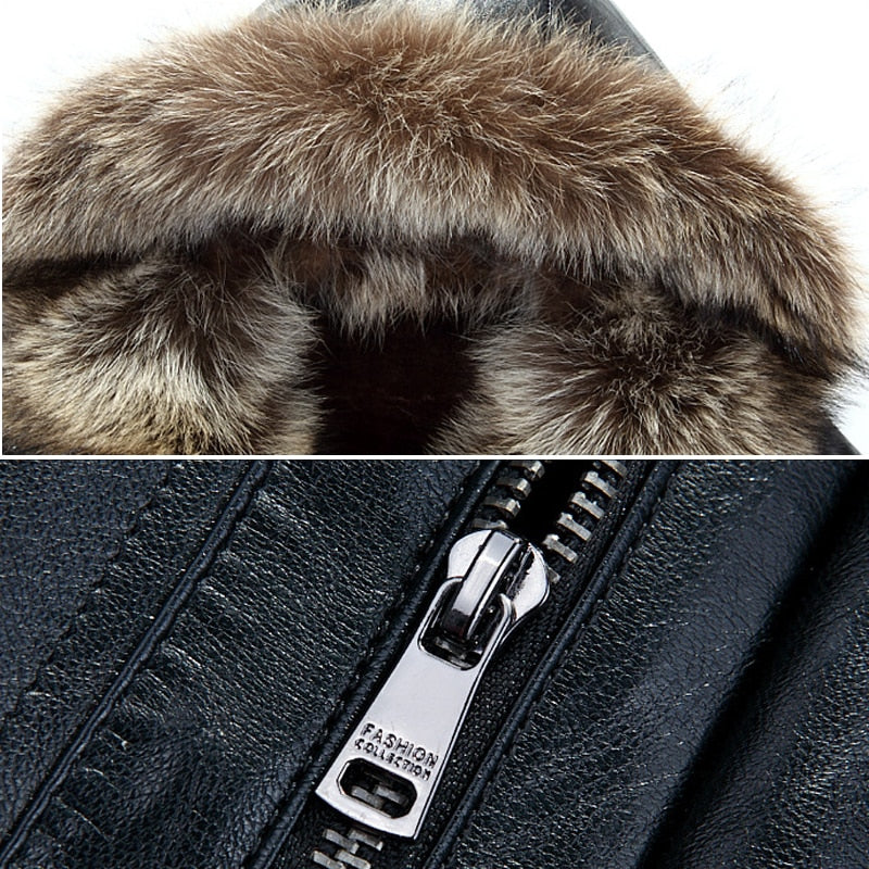 Winter PU Jackets Leather Coat natural Fur Hooded Thicken  winter jackets for men