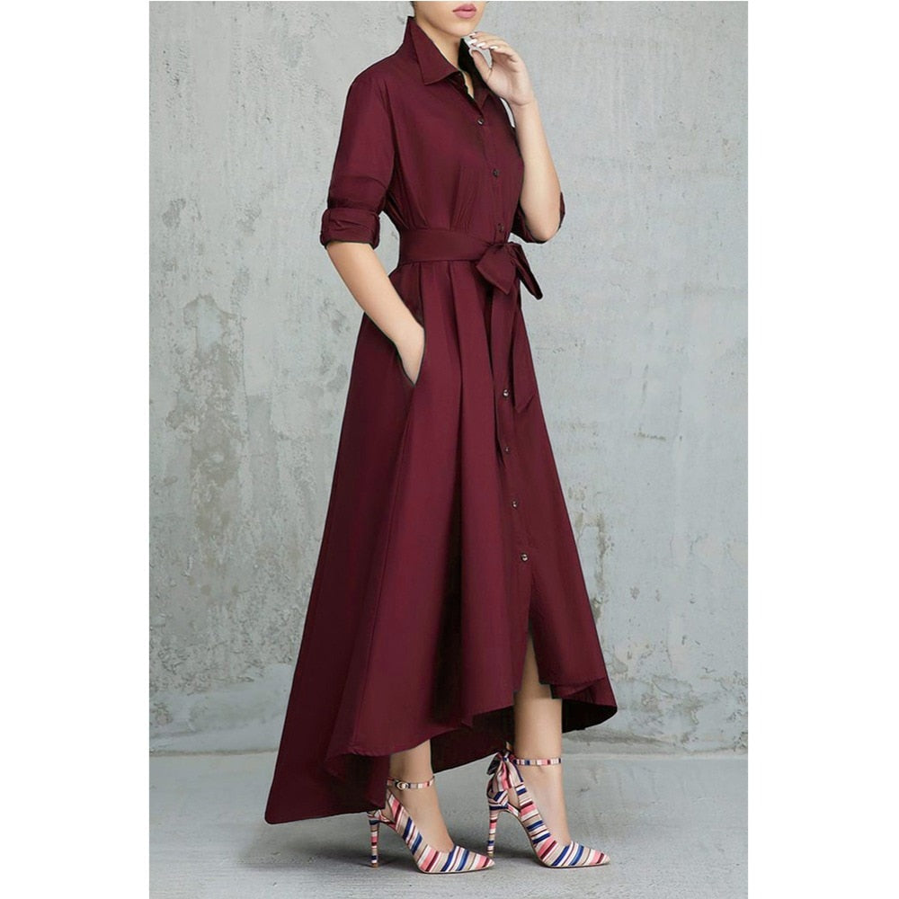 Irregular Long Shirt Women Dress, A-line, Ankle length lace up Vestido Robe for office ladies