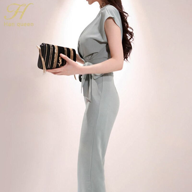 H Han Queen New Two piece Summer Elegant Women Suits; V-neck Lace Up Crop Top; High Waist Solid Color Long Pants Set