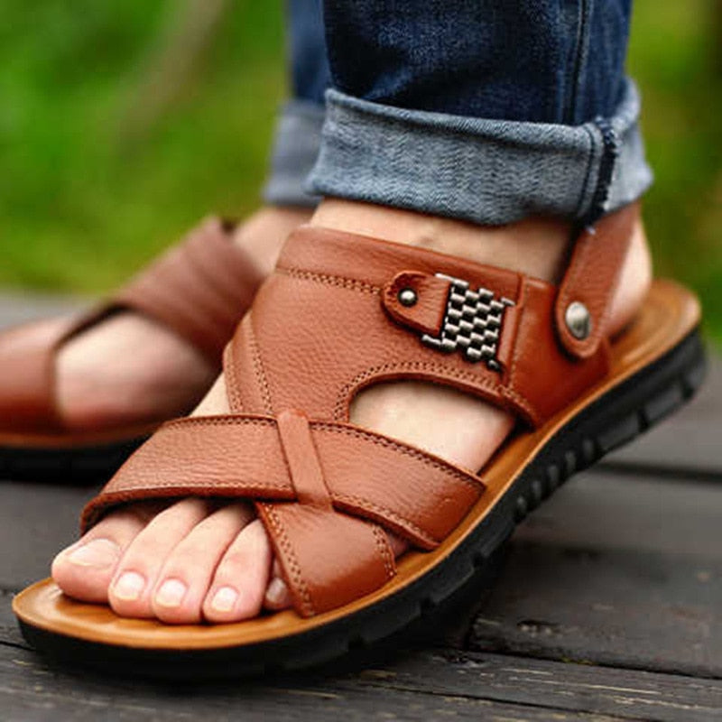 Big Size Men Leather Sandals Summer Classic Men  Slippers Soft Sandals for Comfortable Outdoor