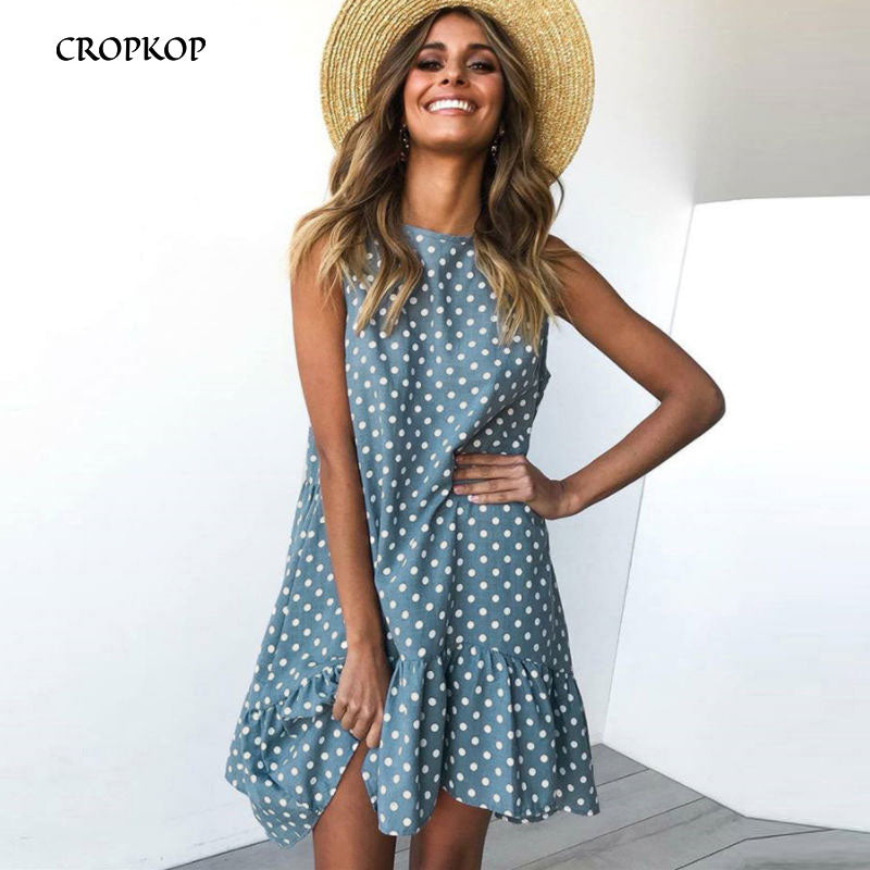 Women Summer Dress Ruffles Polka Dot Sleeveless Mini Dresses Plus Size Casual Loose  Women Clothes