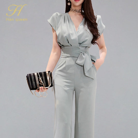 H Han Queen New Two piece Summer Elegant Women Suits; V-neck Lace Up Crop Top; High Waist Solid Color Long Pants Set