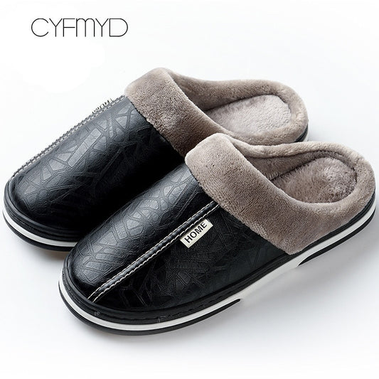 Men's Slippers Warm Shoes Thick Bottom Plush  Waterproof Leather House Slippers