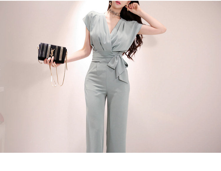 H Han Queen New Two piece Summer Elegant Women Suits; V-neck Lace Up Crop Top; High Waist Solid Color Long Pants Set