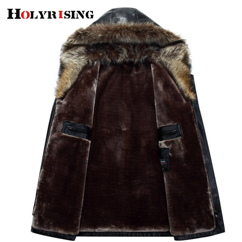 Winter PU Jackets Leather Coat natural Fur Hooded Thicken  winter jackets for men