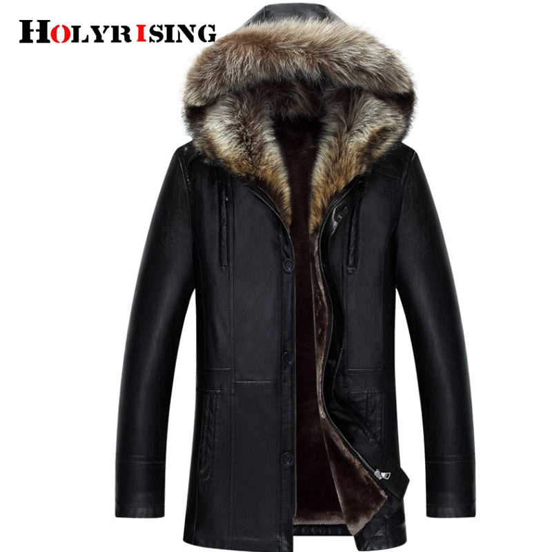 Winter PU Jackets Leather Coat natural Fur Hooded Thicken  winter jackets for men