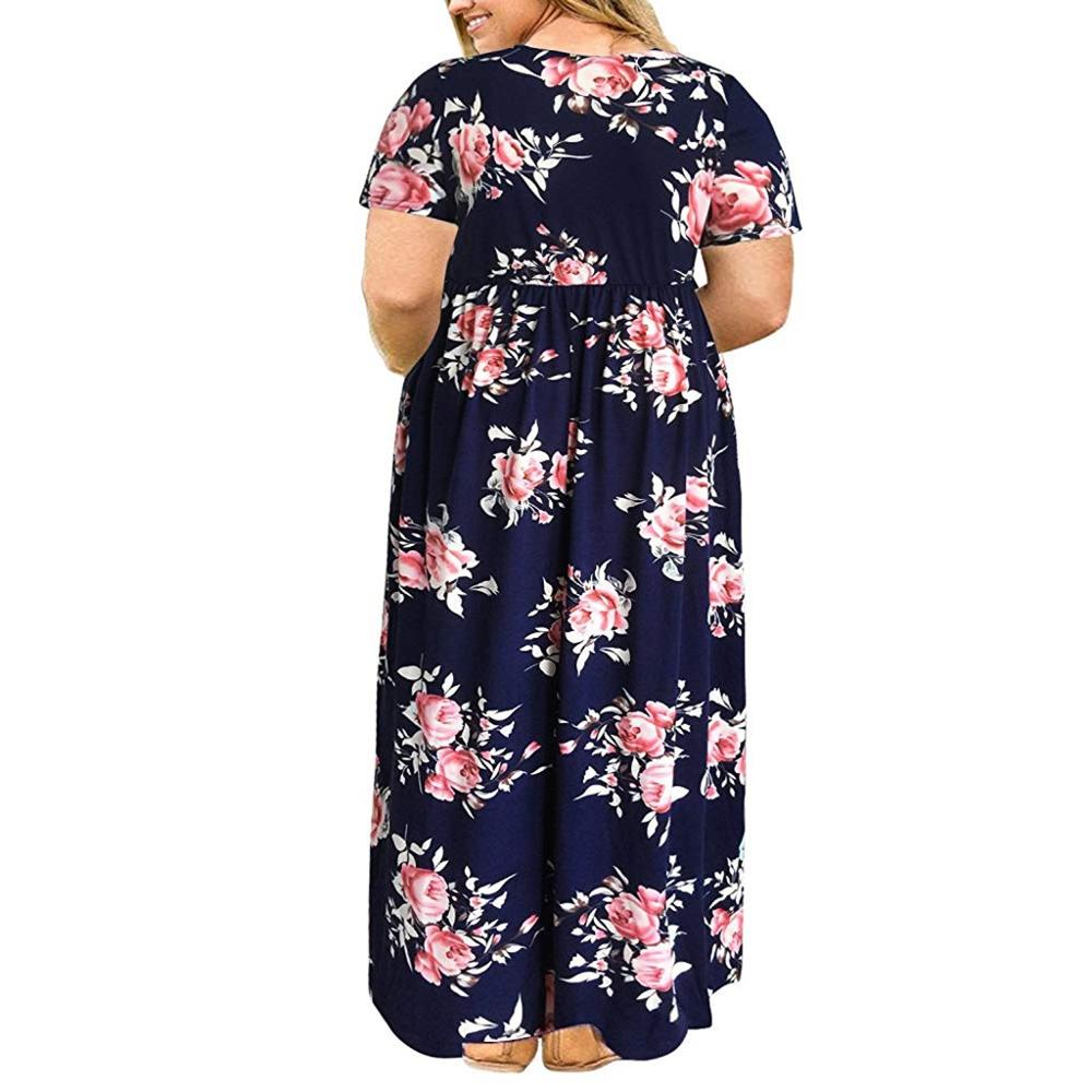 Big size short sleeve print long dress for women