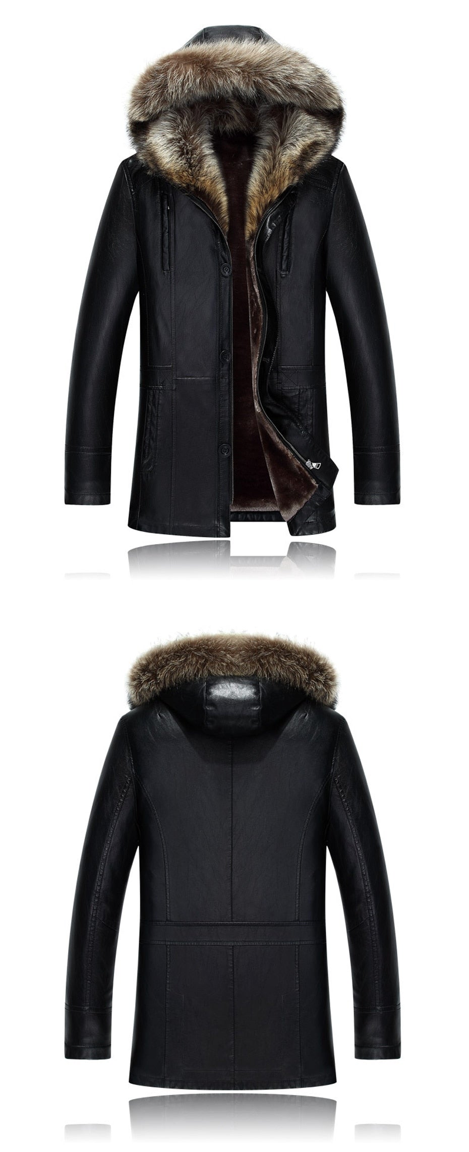 Winter PU Jackets Leather Coat natural Fur Hooded Thicken  winter jackets for men