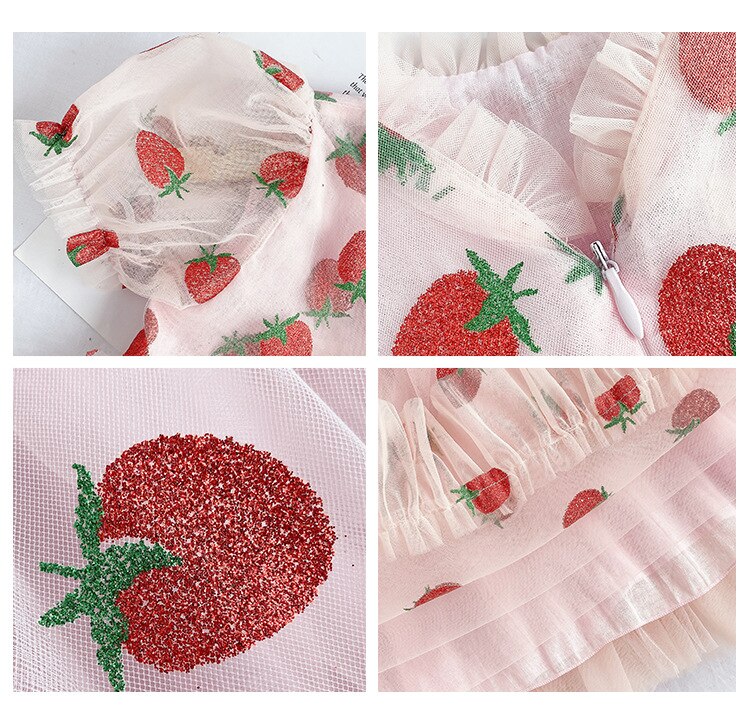 Kids Clothes Girls Summer Dress Puff Sleeve Pink Strawberry Princess Dress