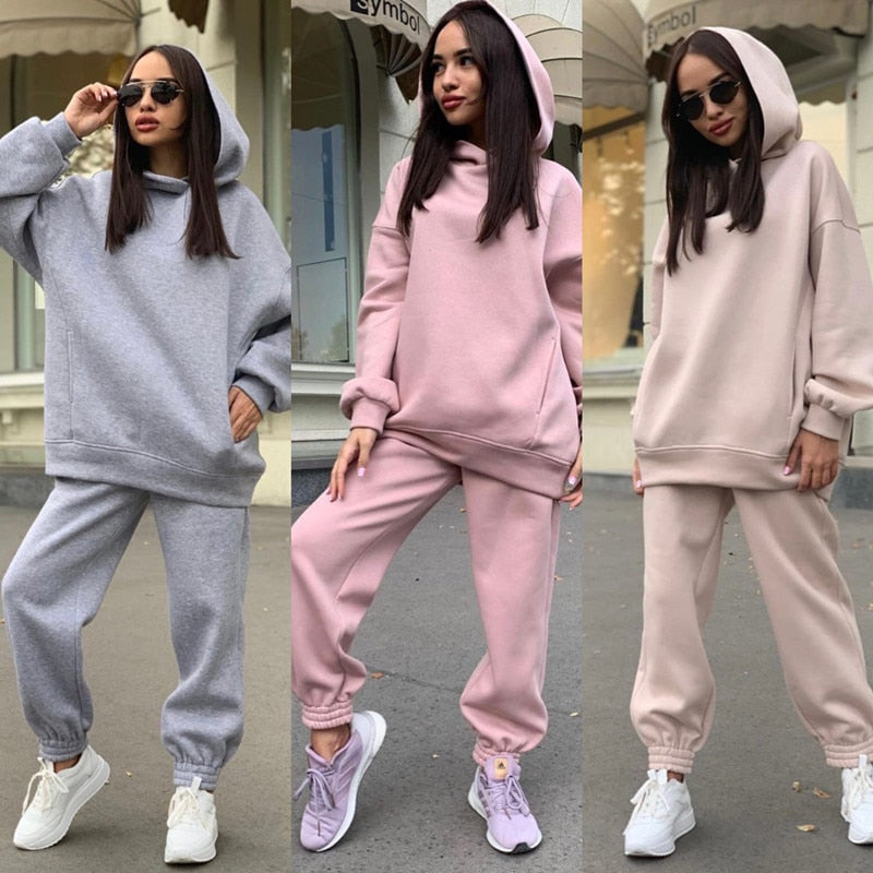 Solid Hoodie and Pants Casual Sport Suit Two Piece Set  Tracksuits for Women