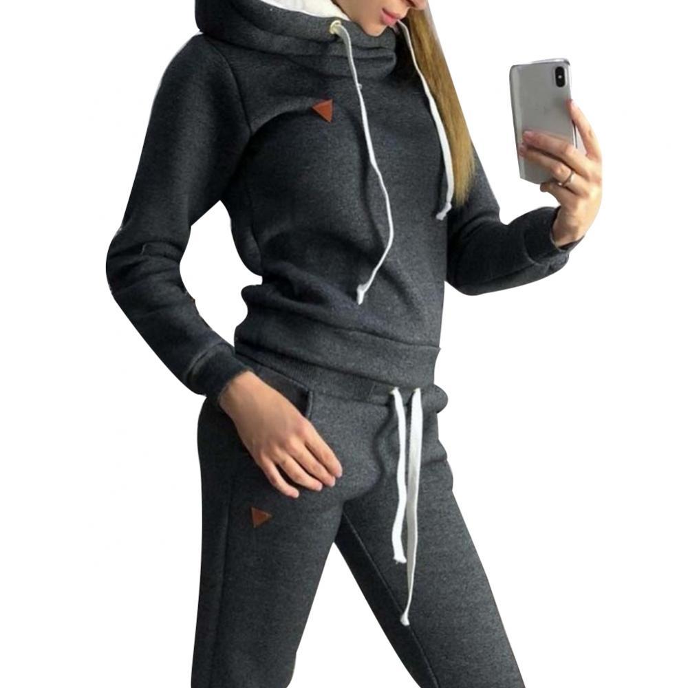 2Pcs Women Jogging Suit Solid Color Tracksuits Fleece Lined Hoodies Pants Set Casual for Women