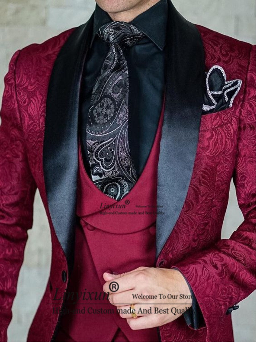 Tailor-Made Burgundy Wedding Men Suits Slim Fit  3 Pieces Suits Groom Prom Jacquard Blazer Suits