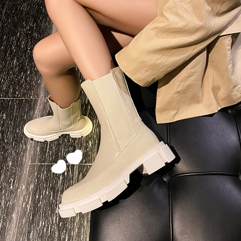 Ankle boots natural leather cowhide stitching twill Chelsea boots skinny for women