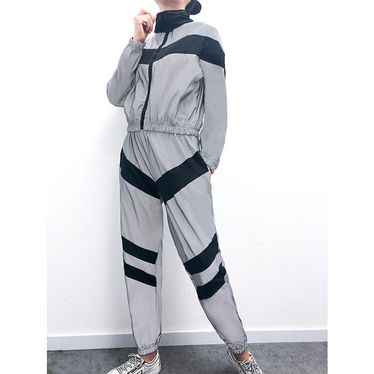 Fashion Reflective Tracksuit Women Zipper Crop Tops + Long Pants 2 Piece Set Female Jacket Trousers