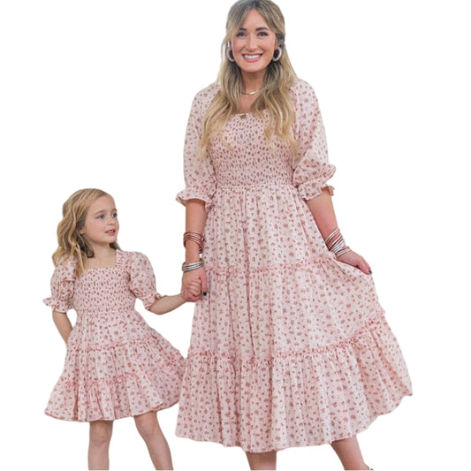 Family Look Women Matching Mother and Daughter Clothes Puff Sleeve Floral Dress