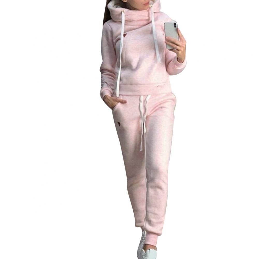 2Pcs Women Jogging Suit Solid Color Tracksuits Fleece Lined Hoodies Pants Set Casual for Women