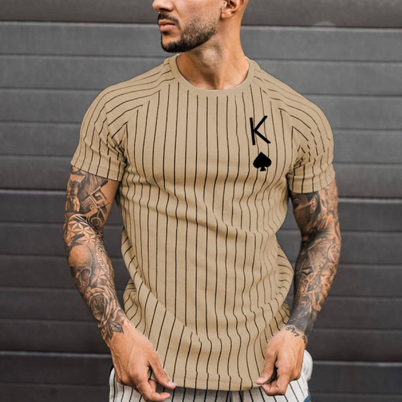 Men's T-shirt Striped Round Neck Shirt Fashion Poker Print Short Sleeve Top for Summer wear