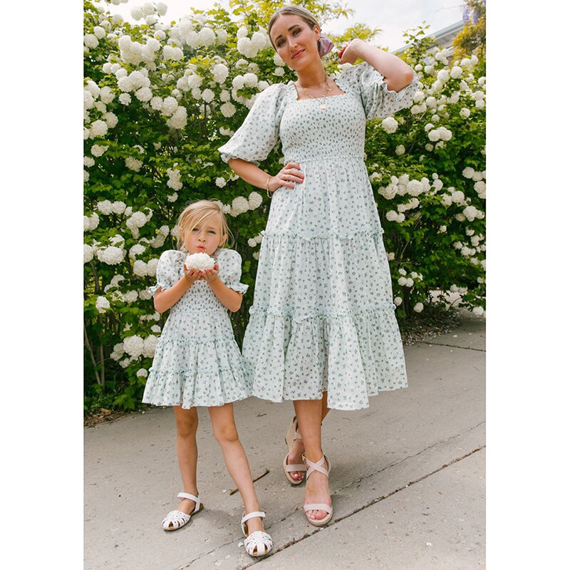 Family Look Women Matching Mother and Daughter Clothes Puff Sleeve Floral Dress