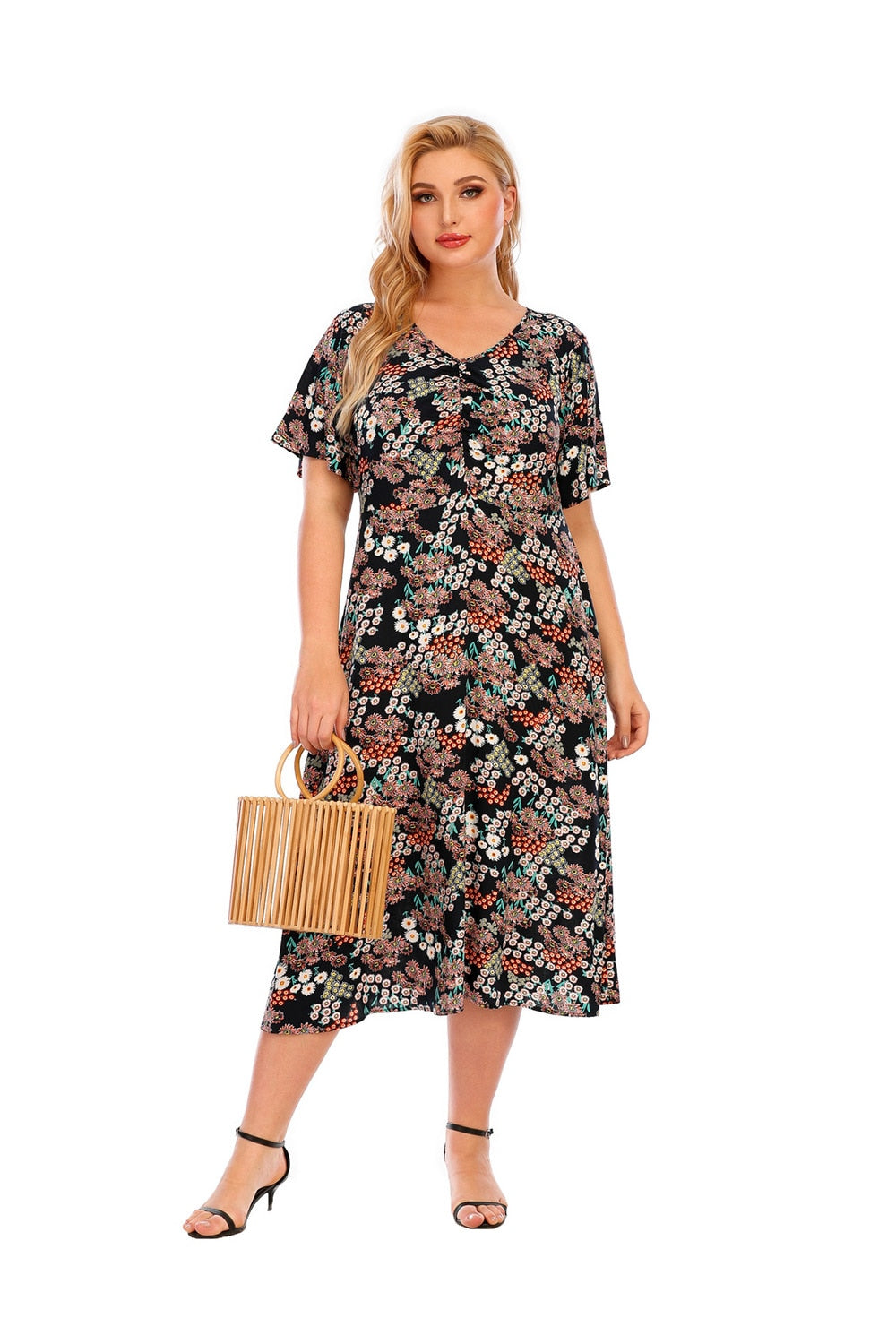 Plus Size V- Neck Casual Print Short Sleeve lLong Dress for women