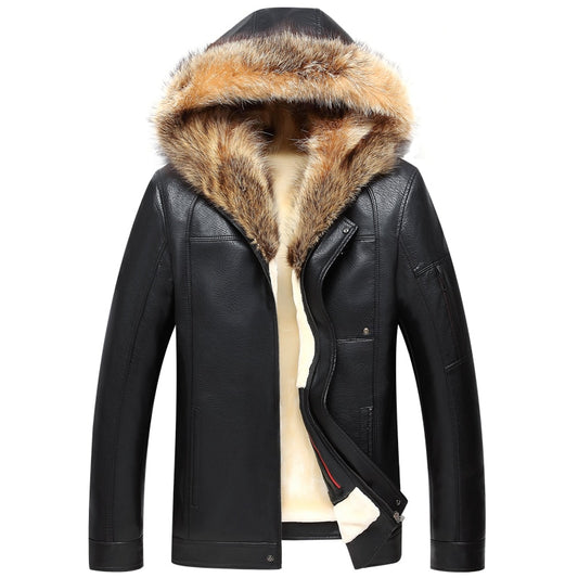 Russia Genuine Leather Jacket Faux Sheepskin Thick Hooded Luxury Windbreaker  Winter Jacket for Men