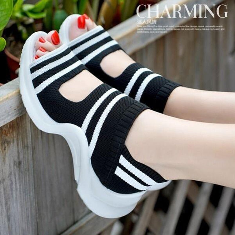 Women's sandals  summer shoes knitting breathable sandals wedges platform comfortable shoes