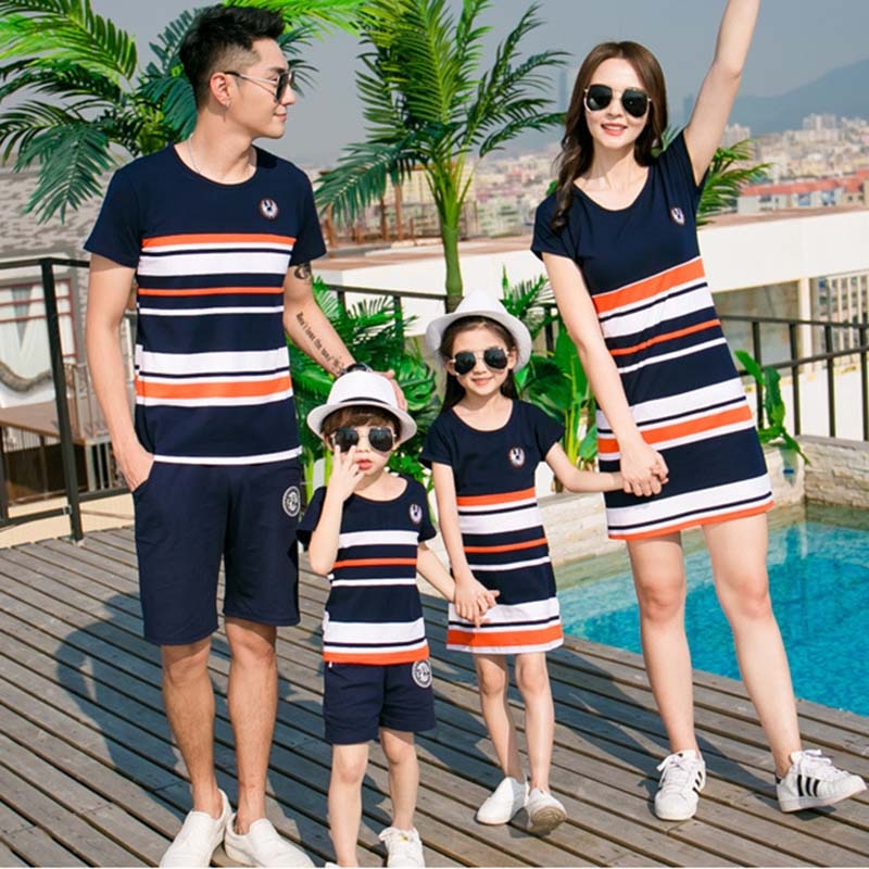 Dad Mom Baby Boys Girls Clothes Summer Father Son Striped T-shirt Shorts Set Mother And Daughter Dresses Family Matching Outfits